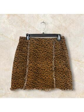 Umgee Brown Leopard Skirt Size Large  Fringe Frayed Pockets Zip In Back